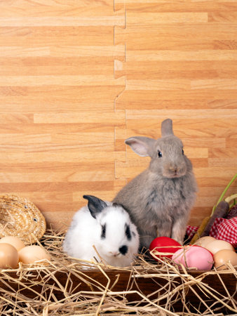 Gray and white spotted rabbits surrounded by straw, colorful Easter eggs, and a straw hat, set...