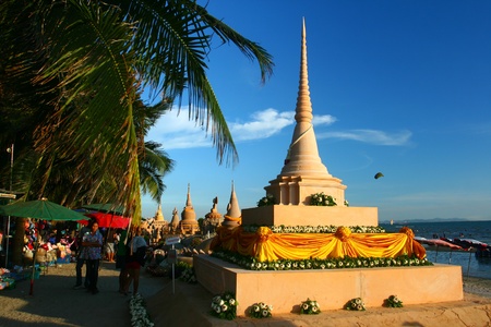 Sand pagoda on Bangsaen beach at Songkran Festival is a tradition of Chonburi, Thailand のeditorial素材