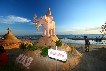 Sand pagoda on Bangsaen beach at Songkran Festival is a tradition of Chonburi, Thailand のeditorial素材