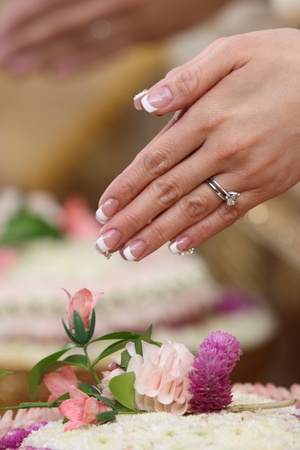 Thai wedding style ceremony with bride hand  の写真素材