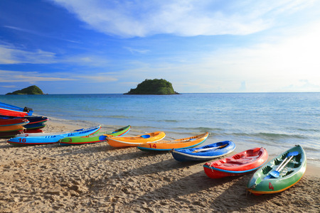 Colorful boats on the tropical beach, at koh lan island Pattaya city Chonburi Thailandの写真素材