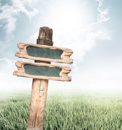 Vintage wooden sign on nature background with copy space.の写真素材