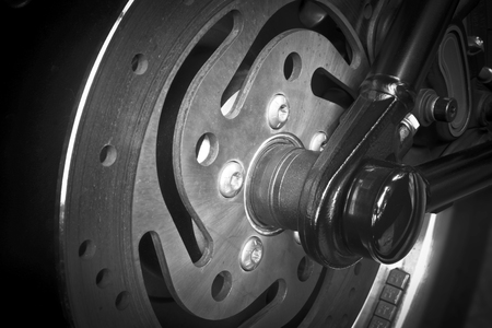 Close up photo of motorcycle disc brakeの写真素材