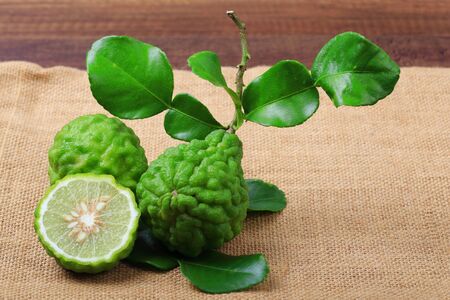 Kaffir lime or bergamot on sack background.の写真素材