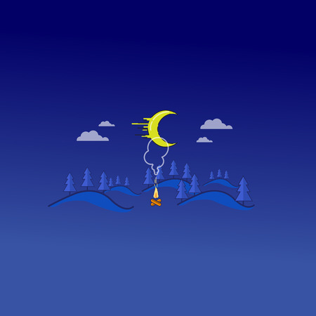 Landscape bonfire and mountain art outlineのイラスト素材