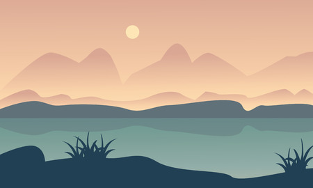 Landscape hill and river of silhouette vector illustrationのイラスト素材