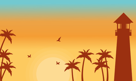 Silhouette of palm and lighthouse vector illustrationのイラスト素材