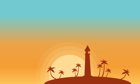 Silhouette of lighthouse and palm at sunset vector illustrationのイラスト素材