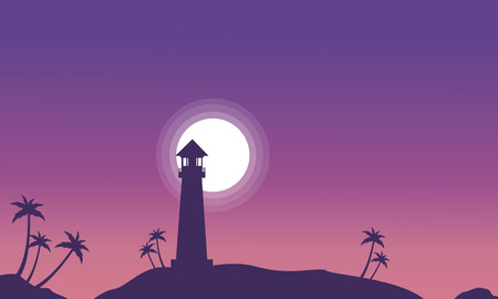 Lighthouse and moon scenery at night silhouettes vectorのイラスト素材
