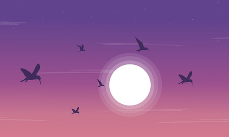 Silhouette of birdsea and moon scnery vector illustrationのイラスト素材