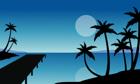 Silhouette of palm and pier scenery vector flatのイラスト素材