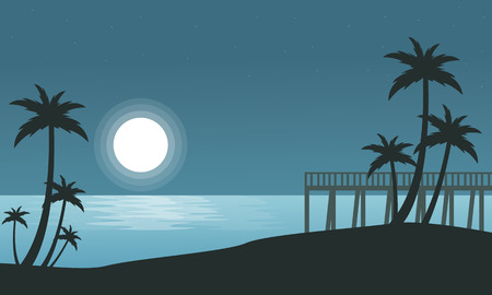 Silhouette of seaside with moon landscape vector illustrationのイラスト素材