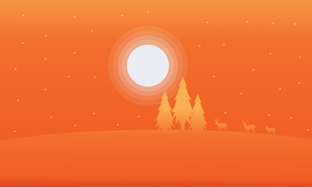 Orange backrgounds deer and spruce Christmas landscape vector flatのイラスト素材