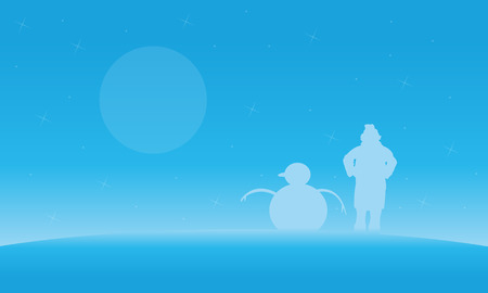Christmas landscape people and snowman silhouettes vector illustrationのイラスト素材