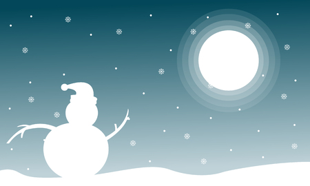 Landscape of Christmas with snowman at night silhouettesのイラスト素材