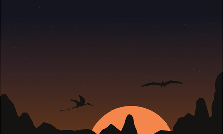 At sunset pterodactyl landscape of silhouettes vector illustrationのイラスト素材