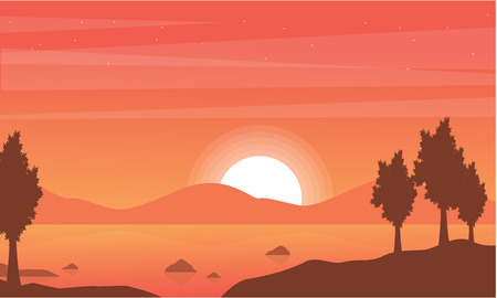 Silhouette of lake with mountain backgrounds illustrationのイラスト素材