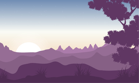 Silhouette of tree with mountain backgrounds landscape vectorのイラスト素材
