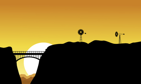 Silhouette of bridge and windmill landscape vector artのイラスト素材