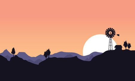 Silhouette of windmill and house landscape vector illustrationのイラスト素材