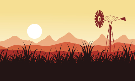 Silhouette of windmill on the farm scenery vector artのイラスト素材