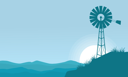 Silhouette of windmill on the hill scenery background vectorのイラスト素材