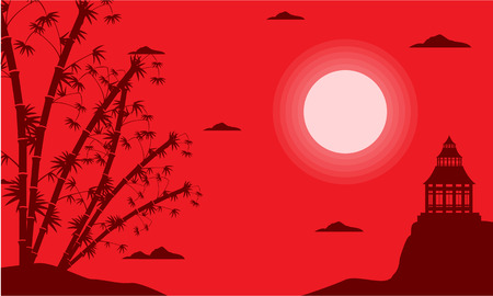 Bamboo and pavilion silhouette of scenery vector illustrationのイラスト素材