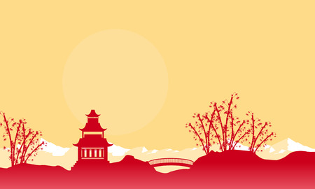 Silhouette of bridge and pavilion landscape Chinese New Year vectorのイラスト素材