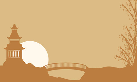 Beauty landscape pavilion with bridge silhouette vector artのイラスト素材