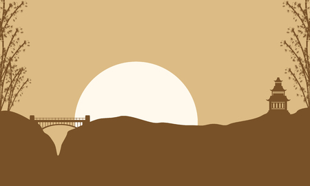 Collection scenery pavilion and bridge of silhouettes illustrationのイラスト素材
