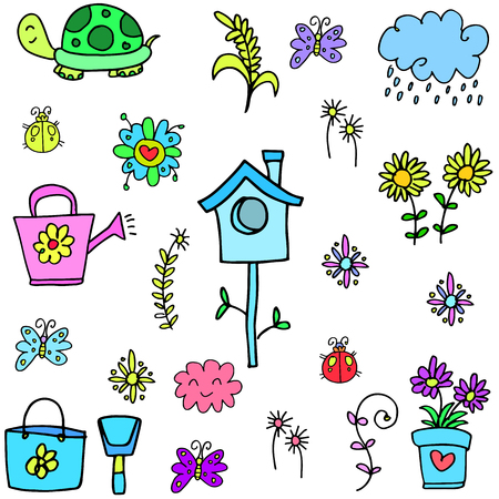 Illustration of spring set colorful doodlesのイラスト素材