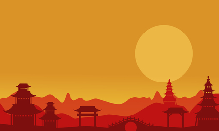 At sunset pavilion landscape of silhouettes vector artのイラスト素材