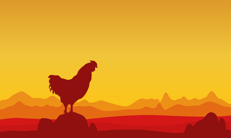 At sunset rooster landscape of silhouettes vector artのイラスト素材