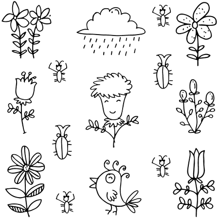 Collection of spring doodles vector flatのイラスト素材