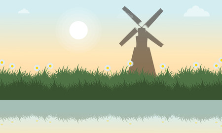 At spring with grass and windmill landscapeのイラスト素材