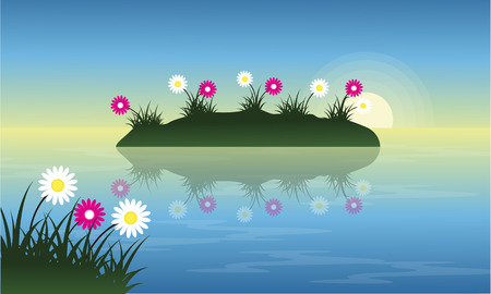 Landscape of flower on lake at springのイラスト素材
