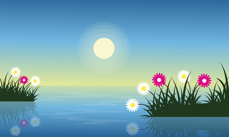 Spring landscape on the lake with flowerのイラスト素材