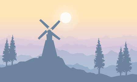 Landscape on the hill with windmillのイラスト素材