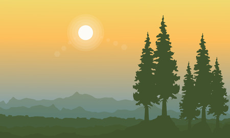Orange sky landscape with spruce on the hillのイラスト素材