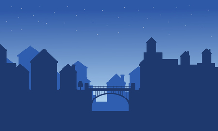 Silhouette of house and bridge landscapeのイラスト素材