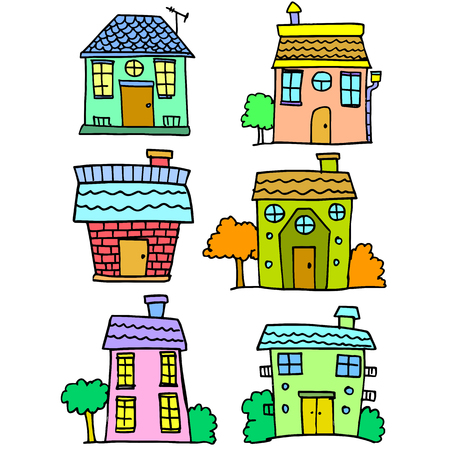 Doodle of house set colorful hand drawのイラスト素材
