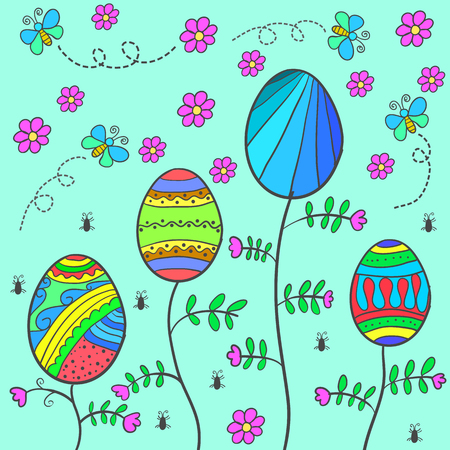 Doodle of easter with flower and eggのイラスト素材