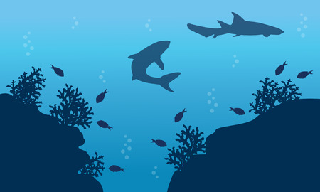 Silhouette of fish and shark underwater landscapeのイラスト素材