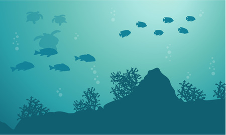 Silhouette of fish and turtle ocean landscapeのイラスト素材