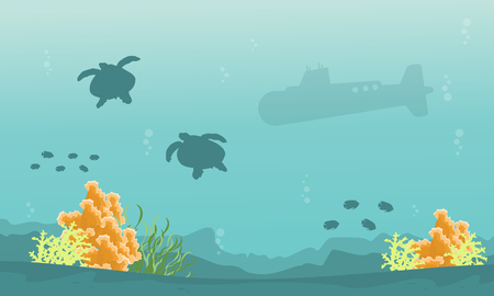 Silhouette of turtle and submarine landscapeのイラスト素材