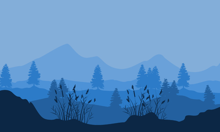 Silhouette of mountain with tree and grass sceneryのイラスト素材