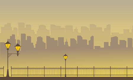 Silhouette of town scenery on yellow backgroundのイラスト素材