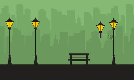 Silhouette of city with street lamp sceneryのイラスト素材