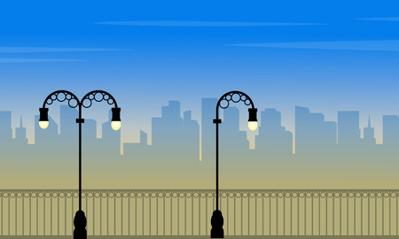 Scenery street lamp with city pattern of silhouettesのイラスト素材