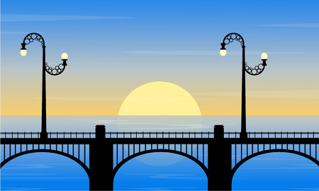 Silhouette of bridge with street lamp at sunset sceneryのイラスト素材